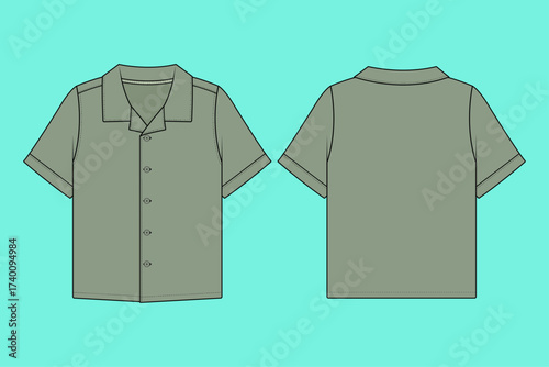 Woven Camp Collar Revere Shirt Short Sleeve Technical Flat Sketch CAD.