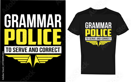 Funny grammar police officer silhouette serving correct grammar to a teacher perfect for educational humor and language appreciation