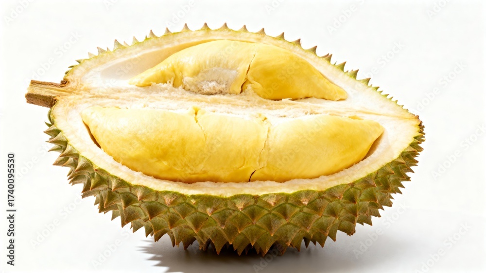 Fototapeta premium Halved durian fruit with yellow flesh