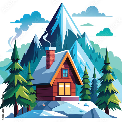 Cozy cabin nestled among snowy mountains and pine trees