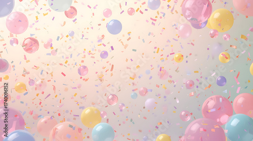 A playful collection of brightly colored, bouncing spheres and confetti falling against a soft pastel background.

