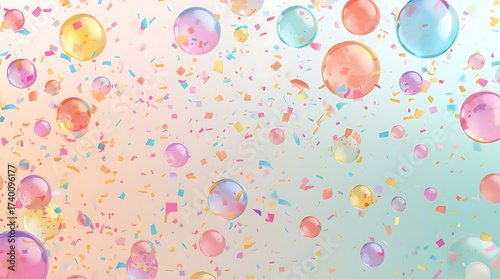 A playful collection of brightly colored, bouncing spheres and confetti falling against a soft pastel background.
