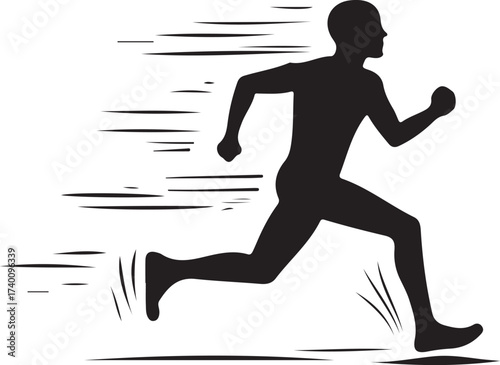 Silhouette of a Runner: A dynamic black silhouette captures a runner mid-stride, embodying speed, motion, and determination on a clean background.