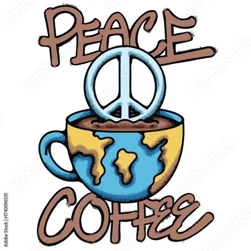 Peace Coffee with World Map hand drawn tshirt illustration