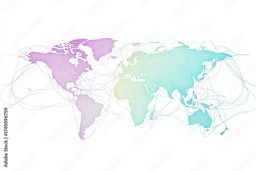 Fototapeta premium Global connectivity map showcasing international routes and connections in a colorful and stylized format for educational and illustrative purposes