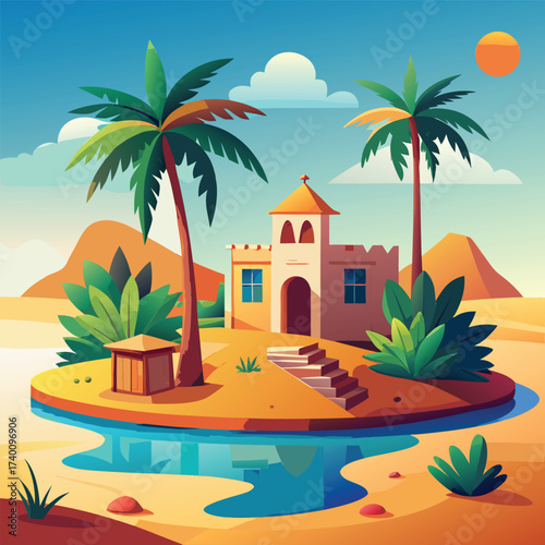 Desert oasis with palm trees and a small castle