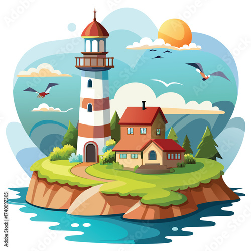 Charming lighthouse and coastal dwelling under a sunny sky