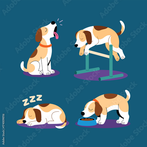 Four cartoon dogs in different poses on a teal background puppy canine