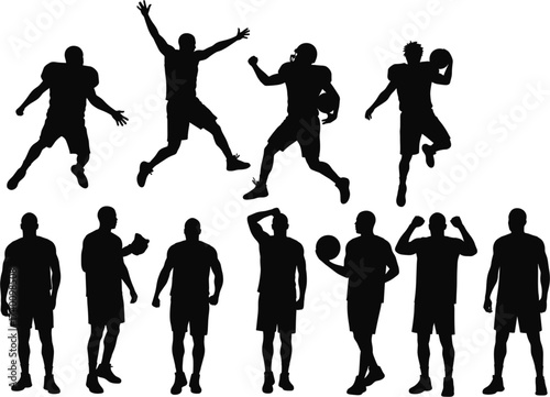 American Football Player Silhouettes In Action And Poses american football, football, illustration, boys, silhouettes, action, throwing, sports, american, training, design, players, athlete, celebrati