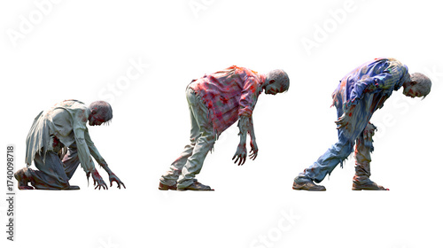 Three grotesque, bloodied zombies in torn clothing lurch forward in a terrifying, slow progression, embodying horror and decay. Pefect for Halloween Design