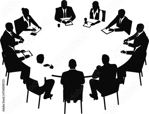 Business Meeting Silhouette Around Oval Table business meeting, silhouette, boardroom, professionals, illustration, chairs, solving, design, people, background, planning, suits, around, oval, business