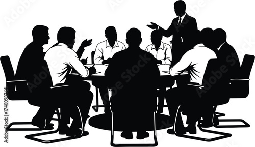 Silhouette illustration of a professional business team gathered in a corporate conference room for a strategic discussion and collaborative meeting, meeting, business, teamwork, corporate, silhouette