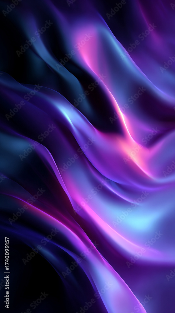 Obraz premium Black dark abstract background with flowing iridescent blue and purple neon liquid waves symbolizing energy motion and futurism representing a luminous holographic gradient with smooth dynamic glow
