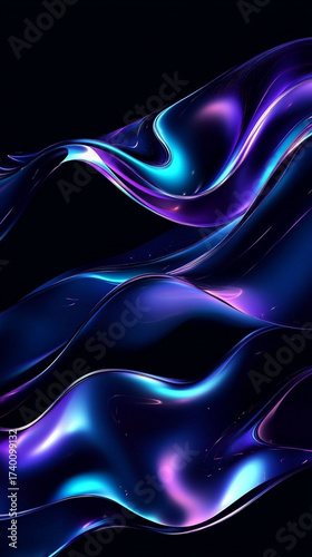 Black dark abstract background with flowing iridescent blue and purple neon liquid waves symbolizing energy motion and futurism representing a luminous holographic gradient with smooth dynamic glow