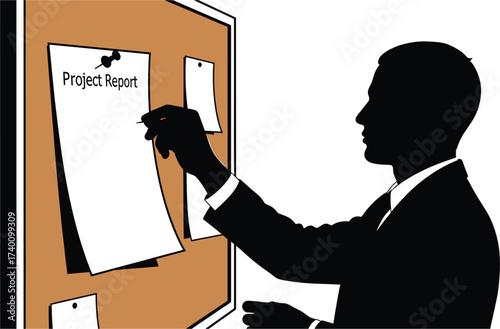 Businessman pinning project report to bulletin board, silhouette, man, businessman, suit, tie, pinning, project, report, paper, document, bulletin, board, corkboard, office, work, presentation, inform