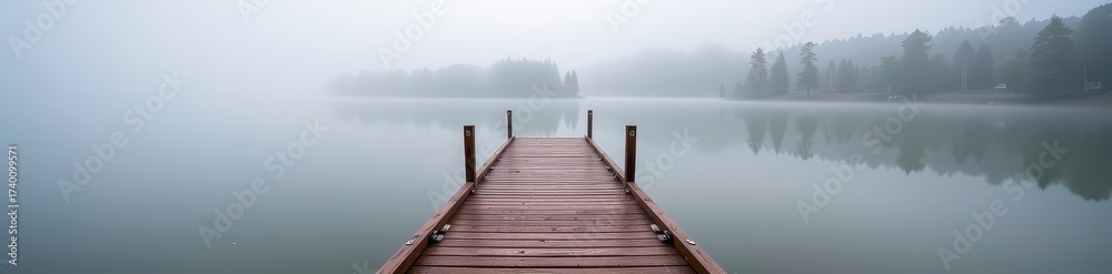 Fototapeta premium Serene misty lake, wooden dock extending into calm water, fog swirling over surface, tranquil nature scene, autumn, lake