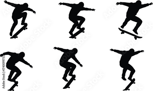Skateboard silhouette, airborne trick motion, stunt rider posture, black figure, extreme sport action, dynamic jump, freestyle technique, helmet athlete, skate maneuver