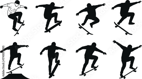 Skateboard silhouette, ollie trick sequence, airborne motion, stunt rider posture, black figure, extreme sport action, ramp jump, freestyle technique, helmet athlete