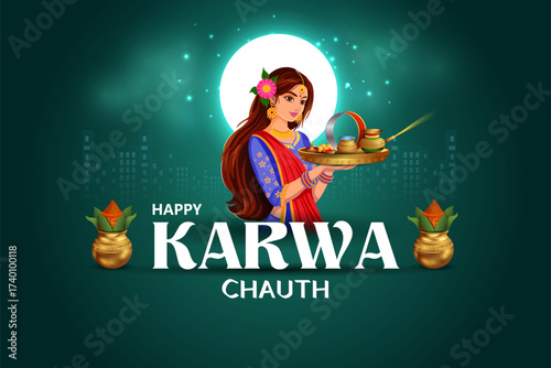 vector illustration of Indian festival background Karva Chauth celebrated by Hindu women