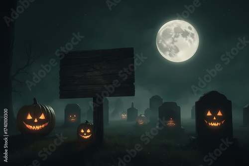 Glowing pumpkins in haunted graveyard with wooden sign and full moon