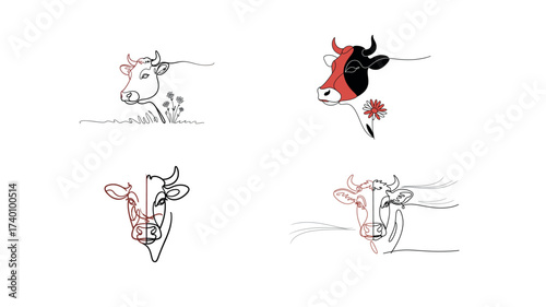 Cow line art illustration set minimal continuous drawing style isolated on white background
