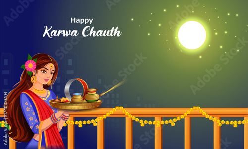 vector illustration of Indian festival background Karva Chauth celebrated by Hindu women