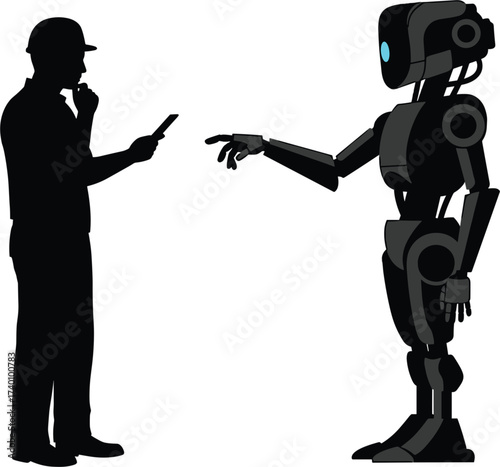 Man and robot interacting with technology male person, man, male, person, silhouette, robot, android, artificial, intelligence, ai, technology, interaction, communication, future, science, engineering