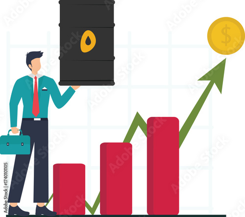 Businessman holding oil barrel with rising graph and coin isolated on adobe illustration vector style oil price increase concept
