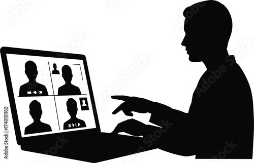 Man in video conference with four participants laptop, video conference, laptop, screen, people, silhouette, man, remote, work, communication, technology, online, meeting, discussion, collaboration, g