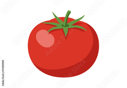 Vibrant Red Tomato with Green Stem on White Background.