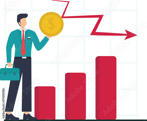 Businessman holding coin with falling graph isolated on adobe illustration vector style economic recession and crisis concept
