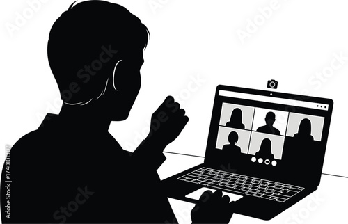 Man on video call with multiple participants conference, video call, conference, laptop, screen, people, silhouette, man, remote, work, communication, technology, online, meeting, discussion, collabor
