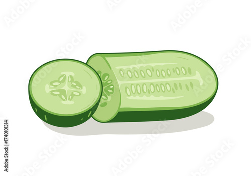 Freshly Sliced Green Cucumber Vegetable Isolated on White Background.