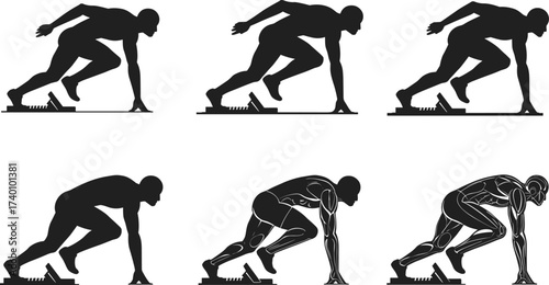 Sprinter silhouette, starting block posture, race preparation motion, black figure, athletic stance, sport action, sprint launch, dynamic movement, speed technique