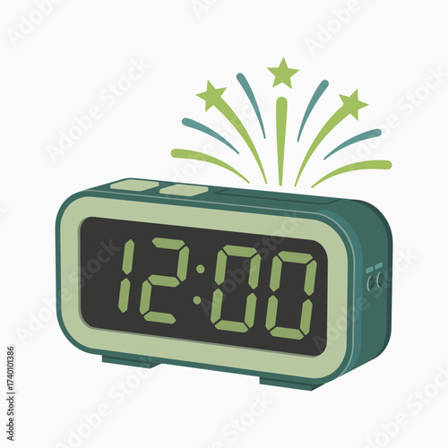 Green digital alarm clock showing 12 00 with green starbursts on white background Keywords: clock
