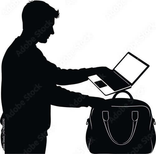 Man Packing Laptop into Duffel Bag Silhouette male, silhouette, man, male, person, laptop, computer, bag, duffel bag, travel, packing, business, technology, isolated, white background, carrying, lugga