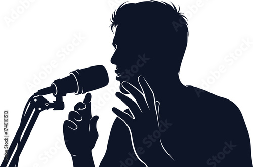 Dynamic silhouette of a male speaker passionately talking into a studio microphone, vector art for public speaking, broadcasting, or podcasting, speaker, microphone, silhouette, podcasting, broadcasti
