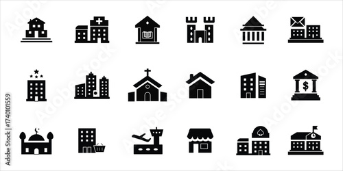 building icons set. house, office, bank, hospital, casino, temple and more. simple solid vector