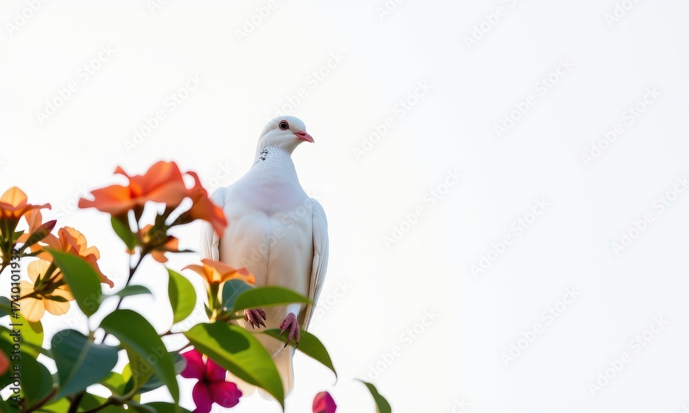 Obraz premium Serene white dove perched on a pure white background, symbolizing peace and purity, tranquility, gentle, serenity