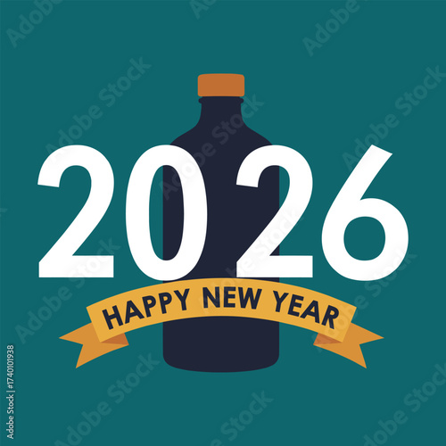 Happy New Year 2026 celebration with bottle and ribbon greeting