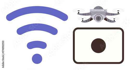 wireless signal, quadcopter flying with camera, and recording icon emphasize technology, innovation, connectivity, aerial photography, surveillance, smart devices, and efficient communication