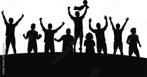 Silhouette of a celebrating team on a hill people celebration, silhouette, people, team, celebration, victory, success, winning, achievement, joy, happiness, excitement, group, men, women, raising han