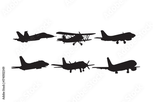 Silhouette of various types of aircraft, showcasing a diverse collection of flying machines in a minimalist design
