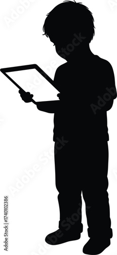 Silhouette of a child holding a tablet computer vector, child, silhouette, boy, kid, tablet, computer, holding, standing, reading, learning, technology, digital, screen, isolated, white background, yo
