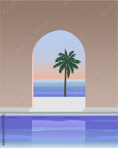 Palm tree and pool view through an archway