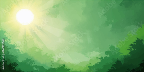 Bright sunlight rays illuminate the summer green forest landscape under a clear blue sky with fluffy white clouds