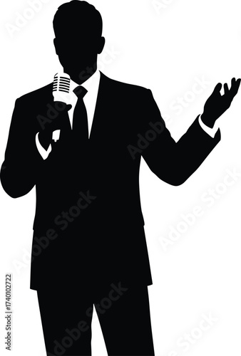 Silhouette of a man speaking into a microphone person, silhouette, man, person, male, speaker, presenter, host, microphone, mic, speech, talking, announcement, performance, event, show, entertainment,