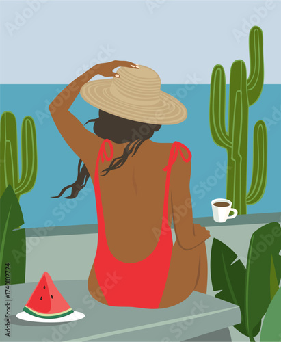 Woman in red swimsuit enjoying view with hat