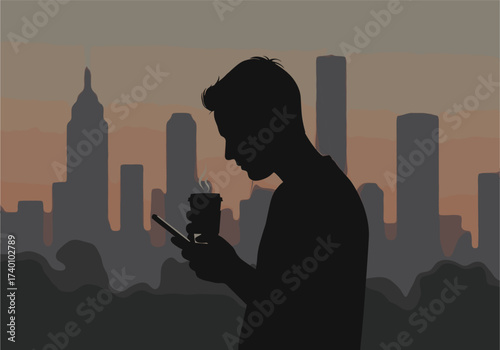 Silhouette of a man with coffee and phone against city skyline man, silhouette, coffee, illustration, solitary, design, smartphone, twilight, background, cup, miscellaneous, landscape, coffee, drink, 