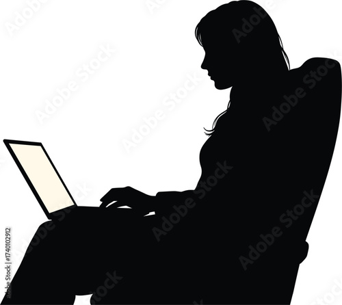 Silhouette of a woman working on a laptop computer, silhouette, woman, female, person, laptop, computer, typing, working, sitting, chair, desk, technology, internet, online, business, office, educatio